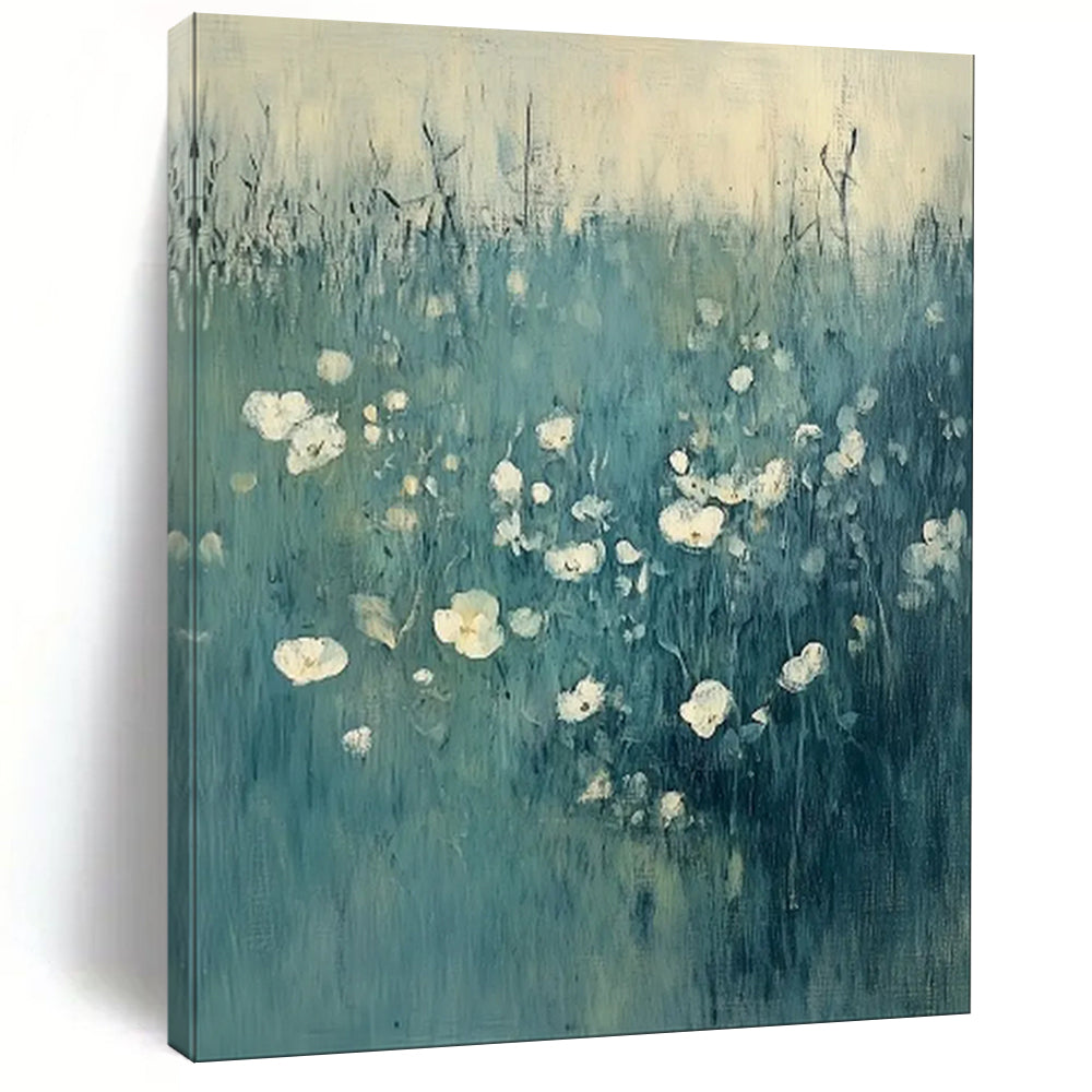 “Teal Field with White Flowers” - Impressionistic Oil Painting CT1933