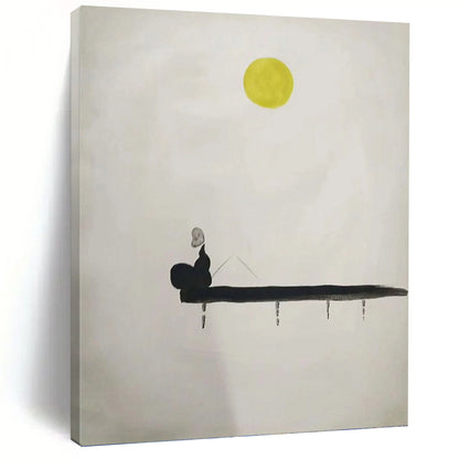 “Moonlit Solitude” - Black, White, and Yellow Minimalist Figure Painting On Canvas DKH1562
