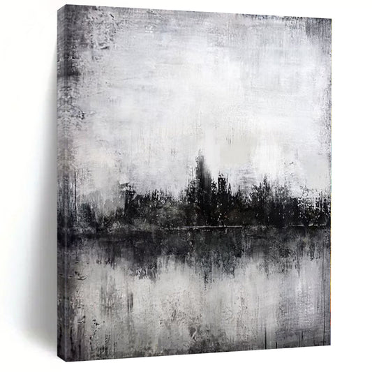 “Moody Black - White Cityscape Reflection” – Abstract Landscape Painting CT1090