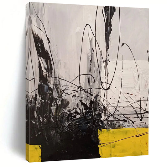 “Black - White - Yellow Abstraction” - Abstract Expressionist Painting On Canvas DTP053