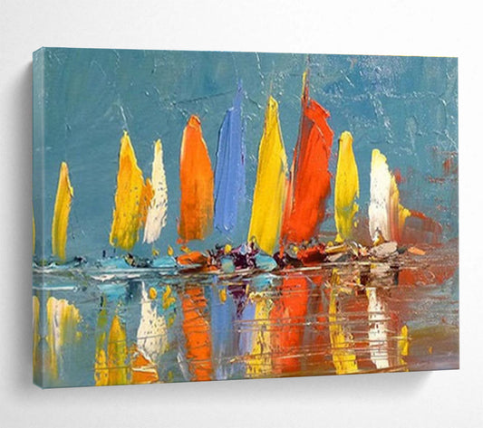 “Colorful Sailboats”：Impressionistic Marine Painting On Canvas DKH254