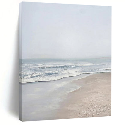 “Serene Gray Beach” - Gray, Blue, White Landscape Painting On Canvas DTP310