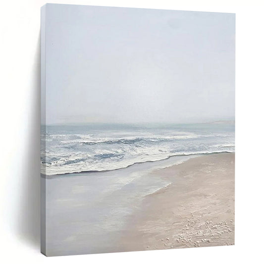“Serene Gray Beach” - Gray, Blue, White Landscape Painting On Canvas DTP310