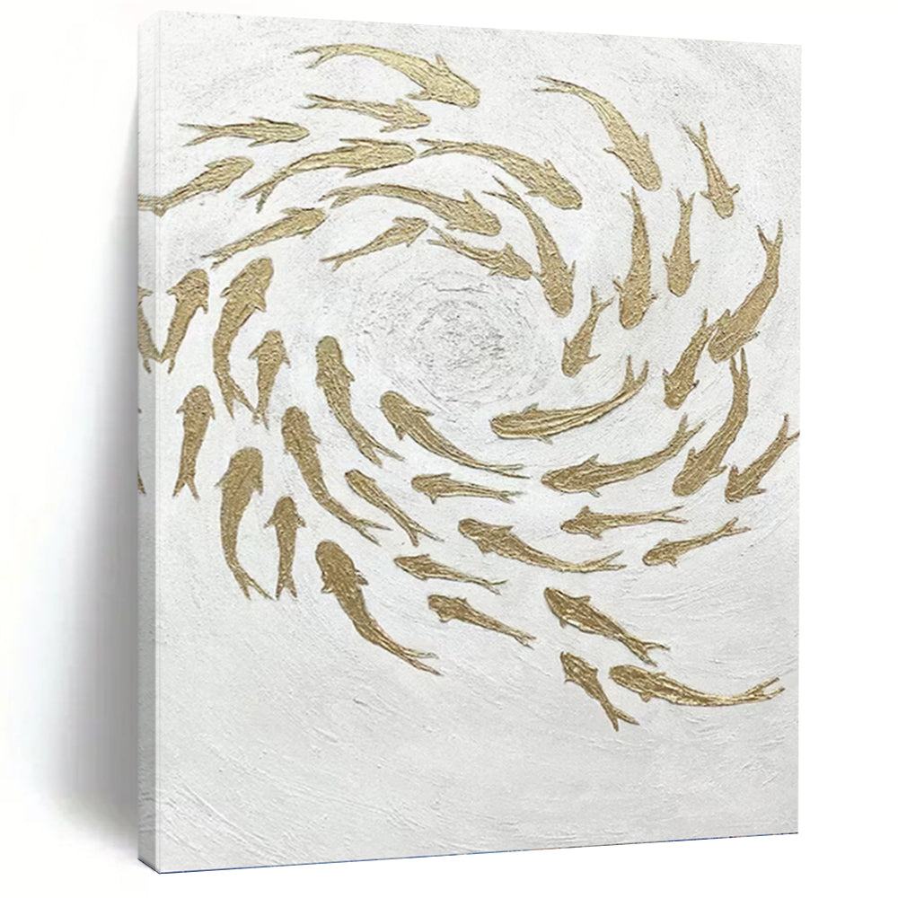 “Golden School” - White & Gold Textured Fish - Swarm Painting On Canvas DKH1544