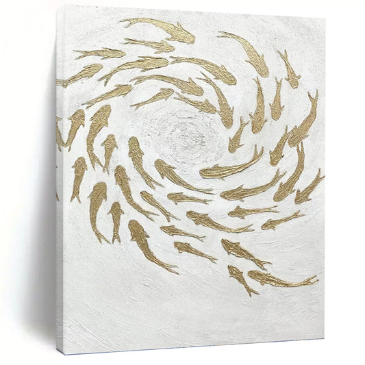 “Golden School” - White & Gold Textured Fish - Swarm Painting On Canvas DKH1544