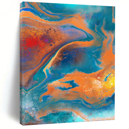 “Vibrant Fluid Abstraction” - Blue, Orange & Red Marbled - Effect Painting On Canvas DKH0940