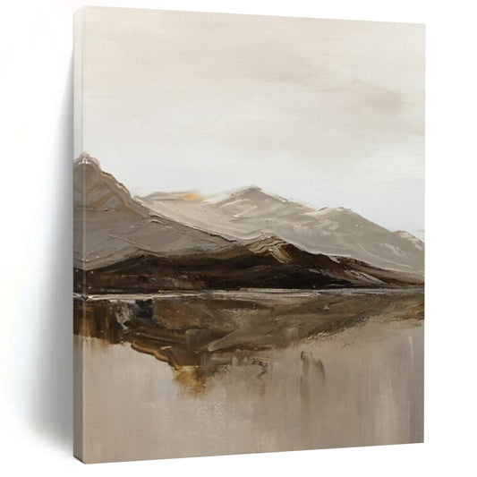 “Gray, Brown, White Mountain Reflection ‘Nature’s Mirror’” - Impasto Landscape Painting On Canvas DTP358
