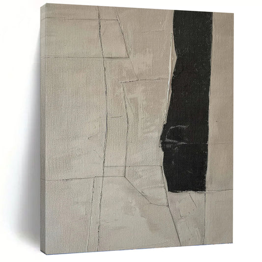 “Monochrome Cracks” - Beige & Black Geometric Lines Painting On Canvas DKH1158
