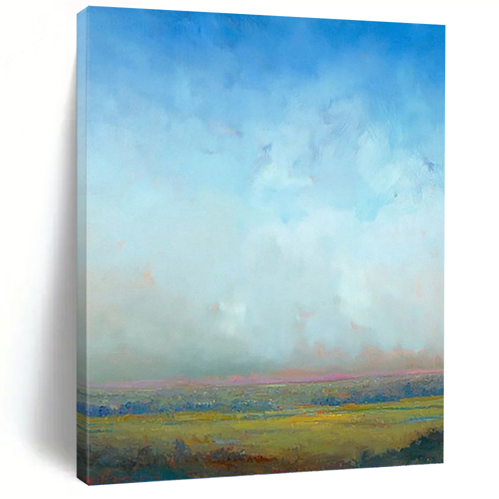 “Soft Sky and Golden Fields” - Blue, Green & Yellow Landscape Painting On Canvas DKH0935