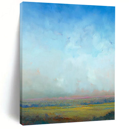 “Soft Sky and Golden Fields” - Blue, Green & Yellow Landscape Painting On Canvas DKH0935