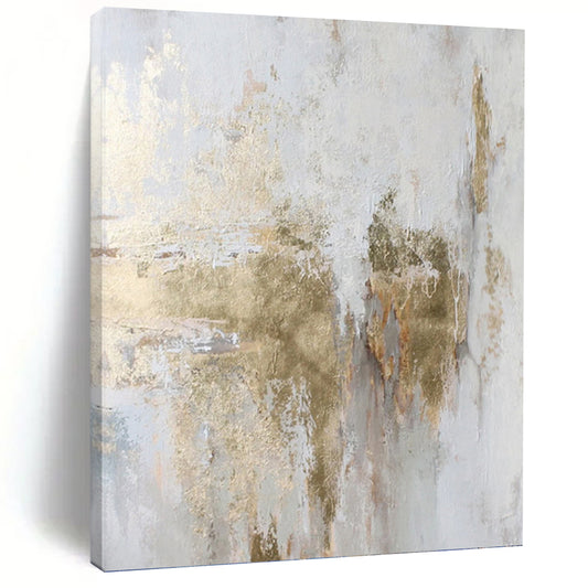 “White & Gold Abstract Textures” - White, Gold & Gray Minimalist Painting On Canvas DKH1006