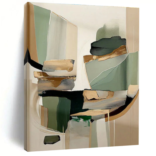 Green, Beige & Gold Geometric Forms, “Elegant Abstraction” - Mixed - Media Abstract Painting CT0764
