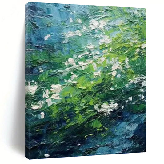 Green and Blue Floral Stream - Impasto Landscape Painting On Canvas DKH1404