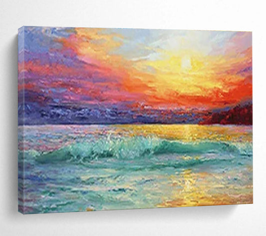 Vivid Sunset Seascape - Orange, Pink & Teal Ocean Painting On Canvas DKH892