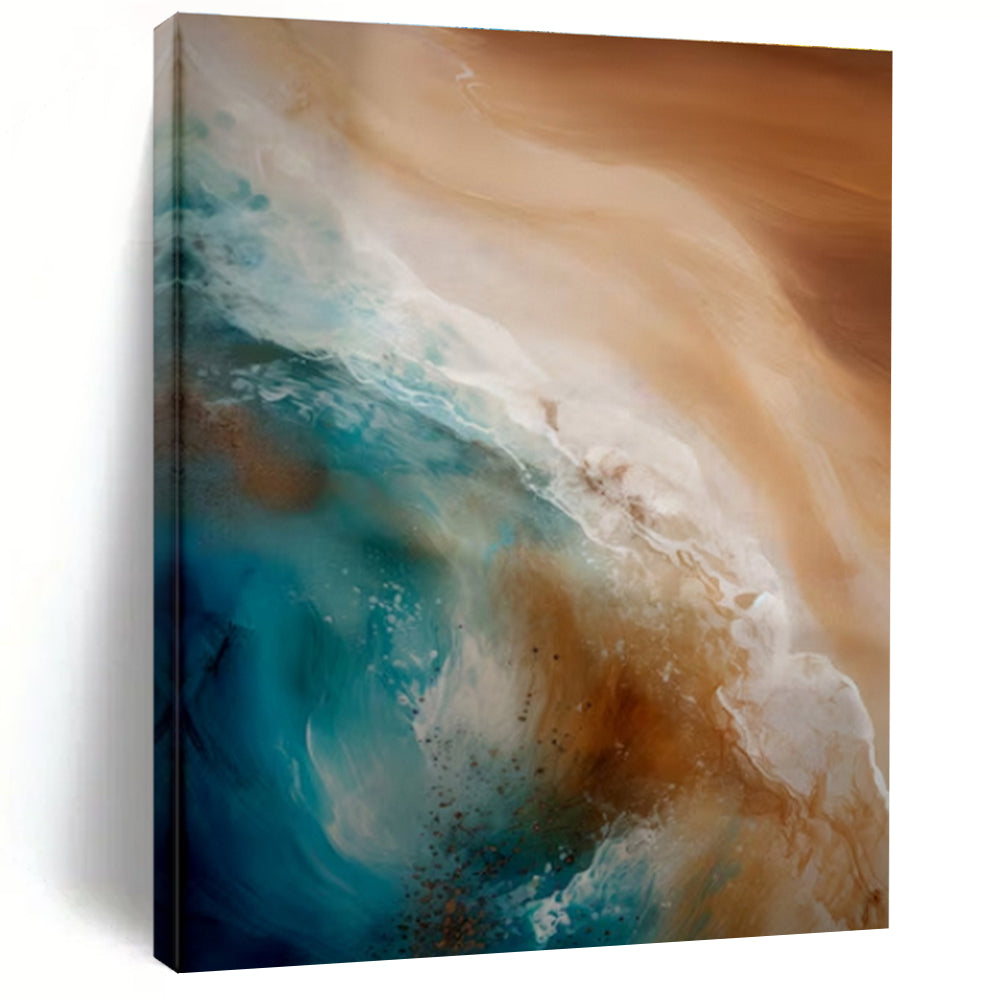 Blue, Beige & White Ocean Waves, “Coastal Flow” - Fluid Acrylic Seascape Painting CT0765
