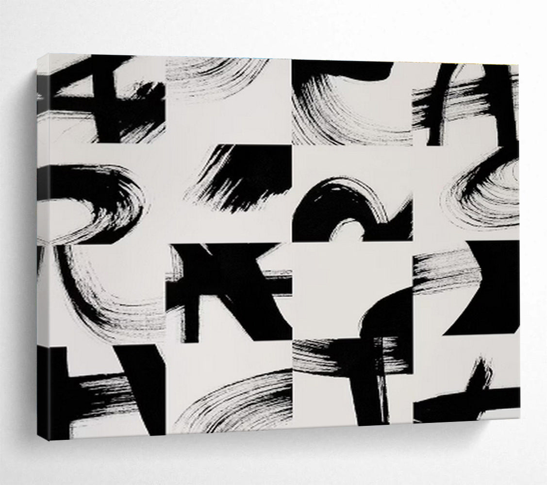 “Black - White Brush Strokes” Abstract Minimalist Painting On Canvas DKH447