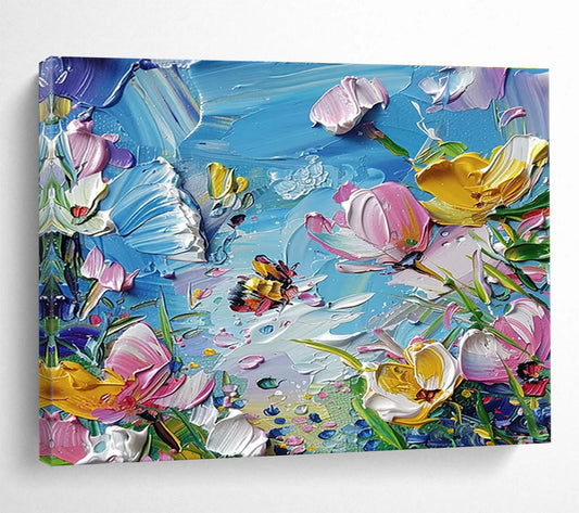 “Textured Floral Bee” - Lively Botanical Painting On Canvas DKH834