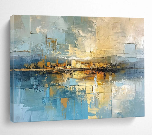 “Geometric, Coastal Cityscape ‘Abstract Harbor View’” - Cubist - Inspired Landscape Painting On Canvas DLZ050
