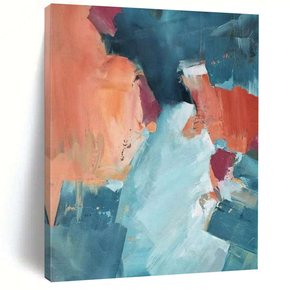 Coral & Teal Abstract Collage - Abstract Collage - Style Painting On Canvas CT2269