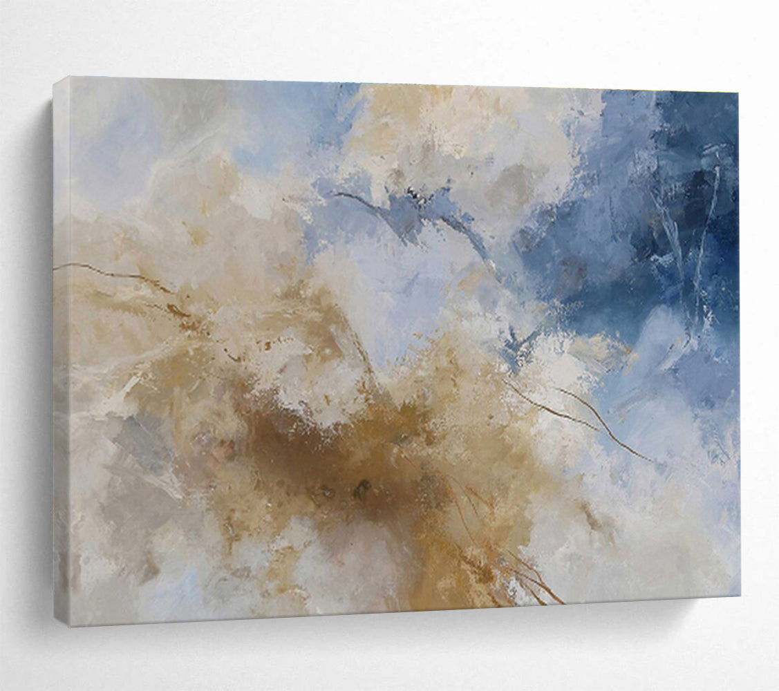 Blue, White, and Gold Abstract “Skyward Luxe Abstraction” Painting On Canvas DKH136