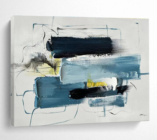 Layered Blue and Yellow Abstract Painting On Canvas DKH318
