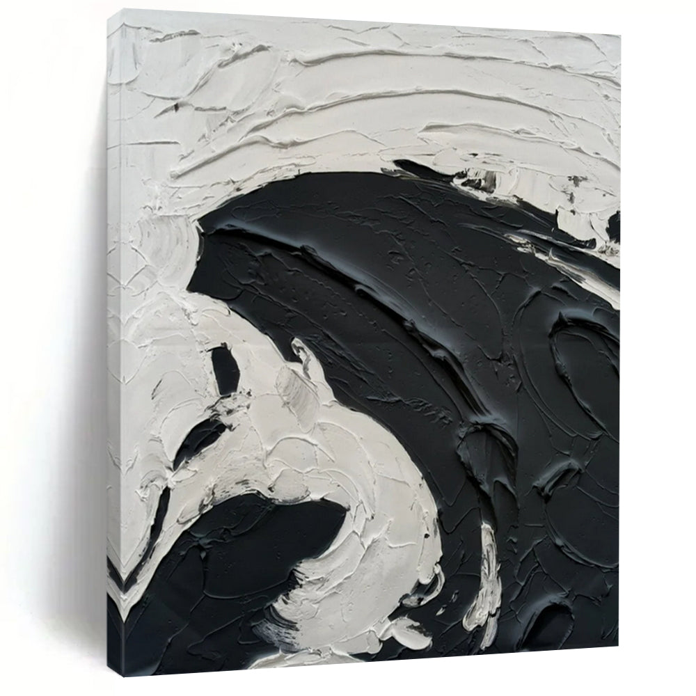 “White, Black Textured Swirl ‘Dramatic Serenity’” - Impasto Abstract Painting On Canvas DTP389