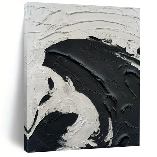 “White, Black Textured Swirl ‘Dramatic Serenity’” - Impasto Abstract Painting On Canvas DTP389