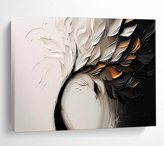 “Textured White & Gold Foliage” - White, Black, Gold 3D Floral Painting On Canvas DKH748