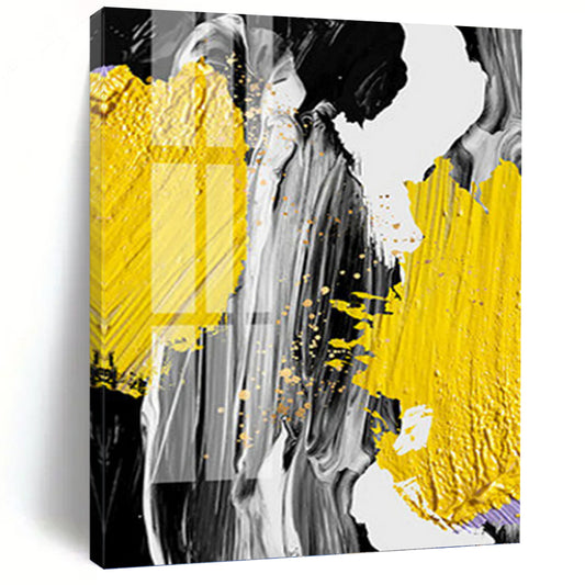 “Vibrant Strokes” - Yellow, Gray, Black & Gold Abstract Splashes Painting On Canvas DKH1526