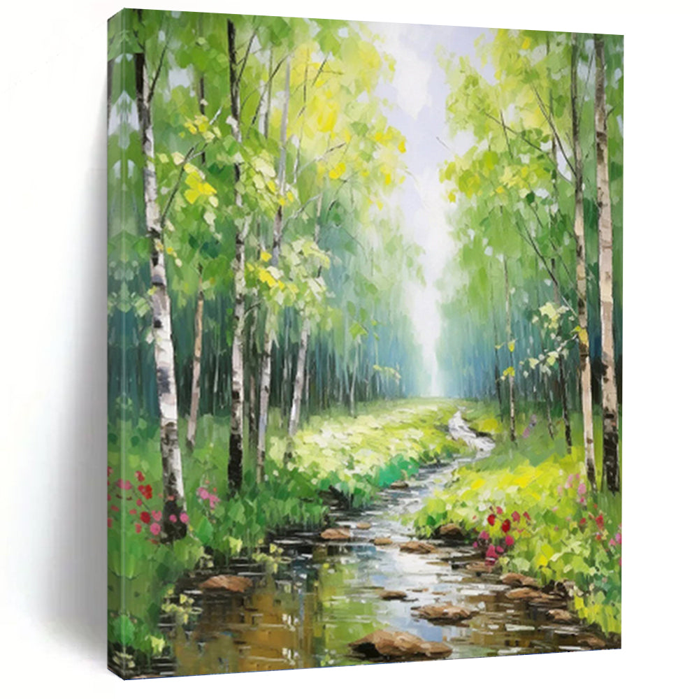 Sunlit Forest Stream - Landscape Oil Painting On Canvas DKH1266
