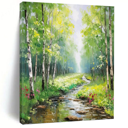 Sunlit Forest Stream - Landscape Oil Painting On Canvas DKH1266