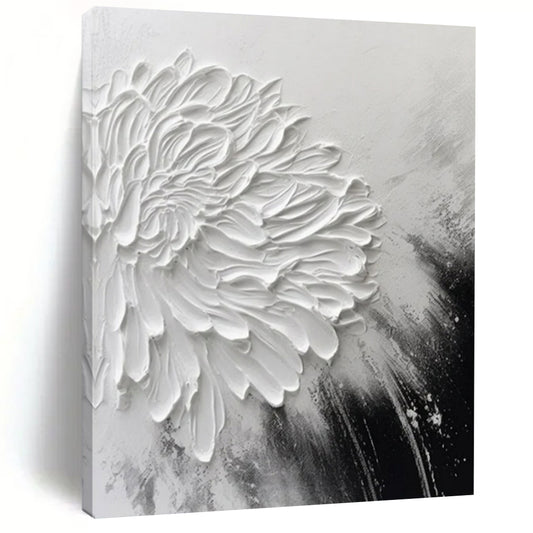 “Textured White Flower” - Black & White Floral Painting On Canvas CT2216