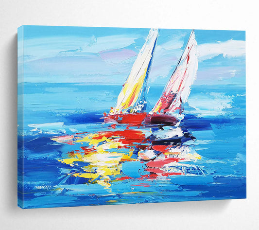 “Vibrant Sailboats at Sea” - Blue, Red & Yellow Impressionist Nautical Painting On Canvas DLZ266
