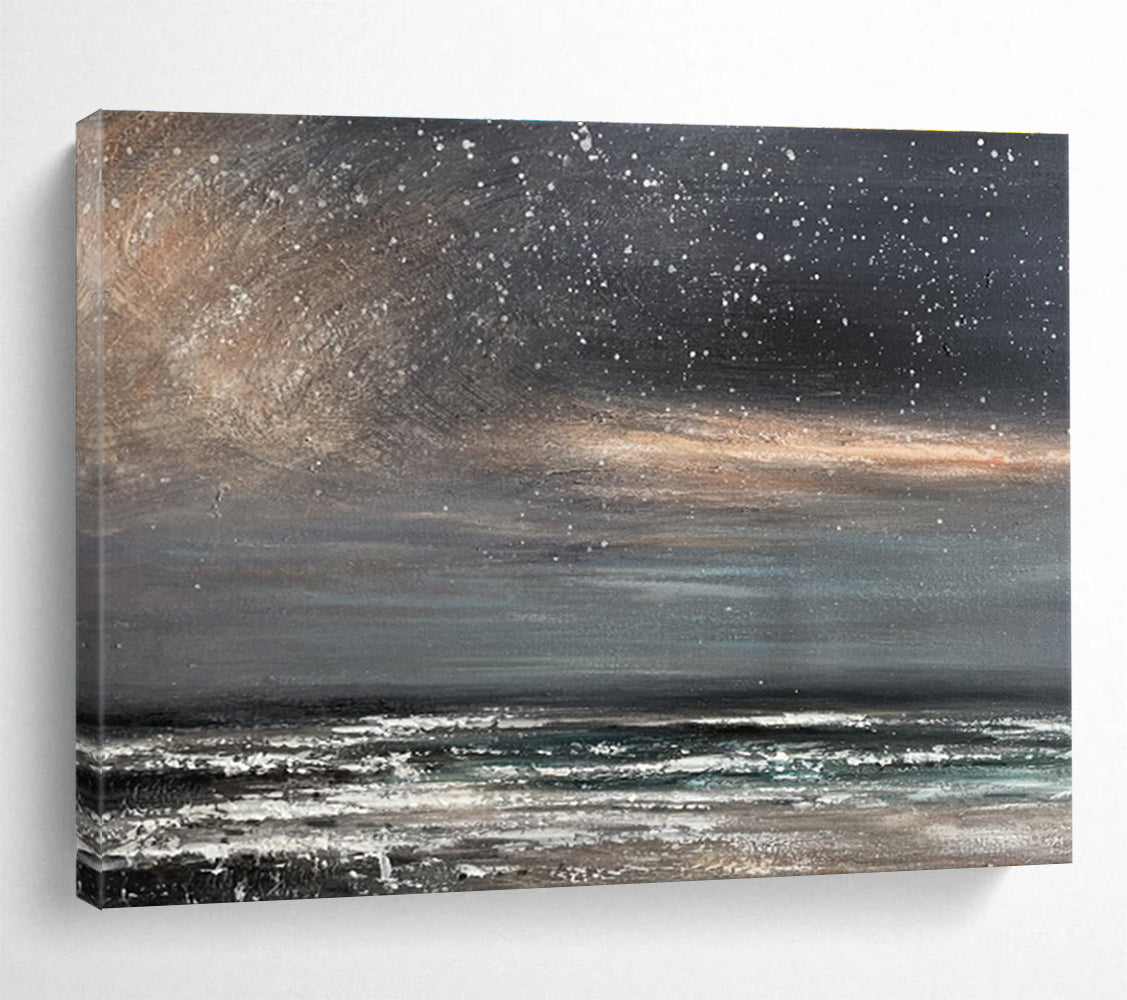 Monochromatic Starry Shore “Midnight Beach Whispers” Painting On Canvas DKH105