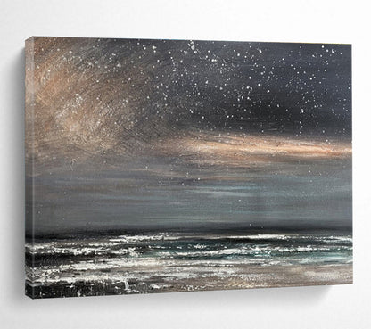 Monochromatic Starry Shore “Midnight Beach Whispers” Painting On Canvas DKH105
