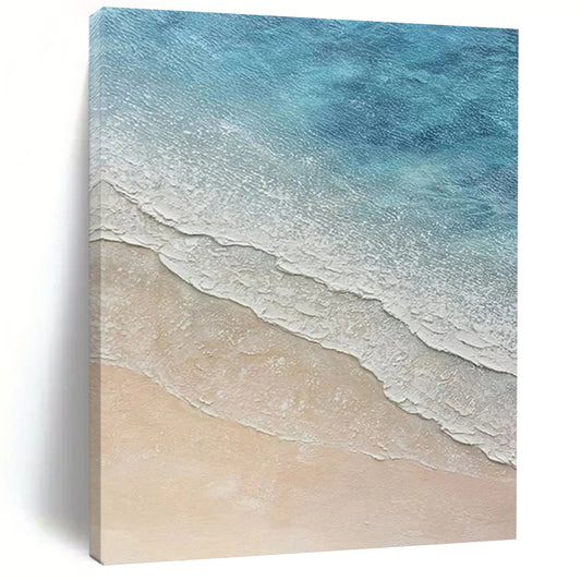 “Blue, White, Beige Coastal Waves ‘Seaside Serenity’” - Realistic Textured Landscape Painting On Canvas DTP314