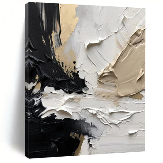 “Black - White - Gold Textured Abstract” - Black, White, Gold Impasto Painting On Canvas DTP301
