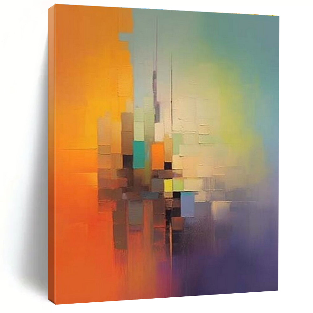 “Colorful Cubes, Gradient Background” - “City in Color”，Abstract Cubist - Inspired Acrylic Painting CT0691