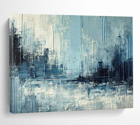 “Blue & Gray Textured Cityscape” Impasto Abstract Painting On Canvas DKH367