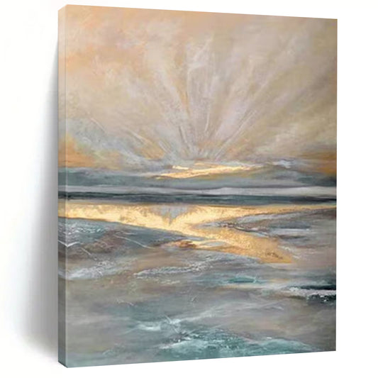 “Golden Horizon - Gold, Blue, Gray Ethereal Seaside” Painting On Canvas DTP264