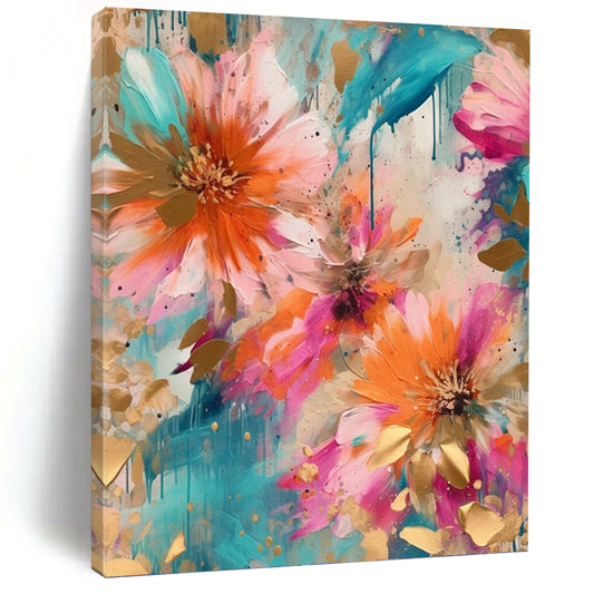 “Teal & Gold Floral Splash with Drips” - Modern Abstract Flower Painting On Canvas DKH1598