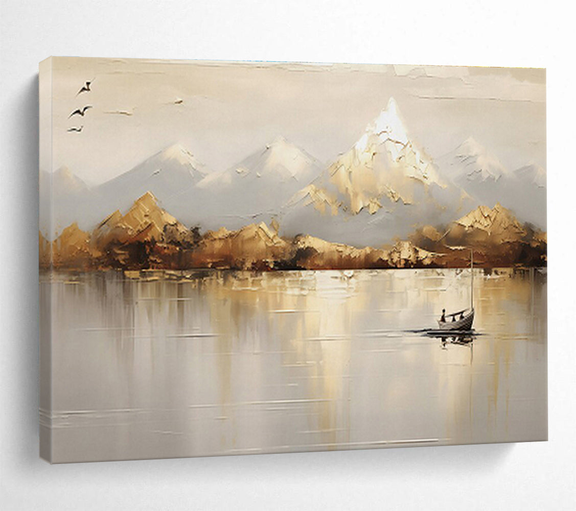 Neutral - Toned Landscape “Serene Mountain Reflection” Painting On Canvas DKH158