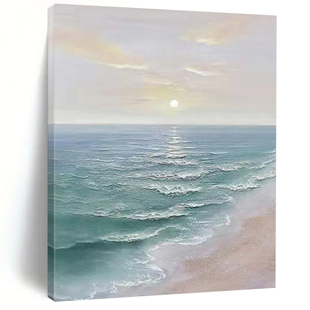 “Pastel, Blue, White Sunset Sea ‘Dreamy Dusk’” - Impasto Seaside Sunset Painting On Canvas DTP350
