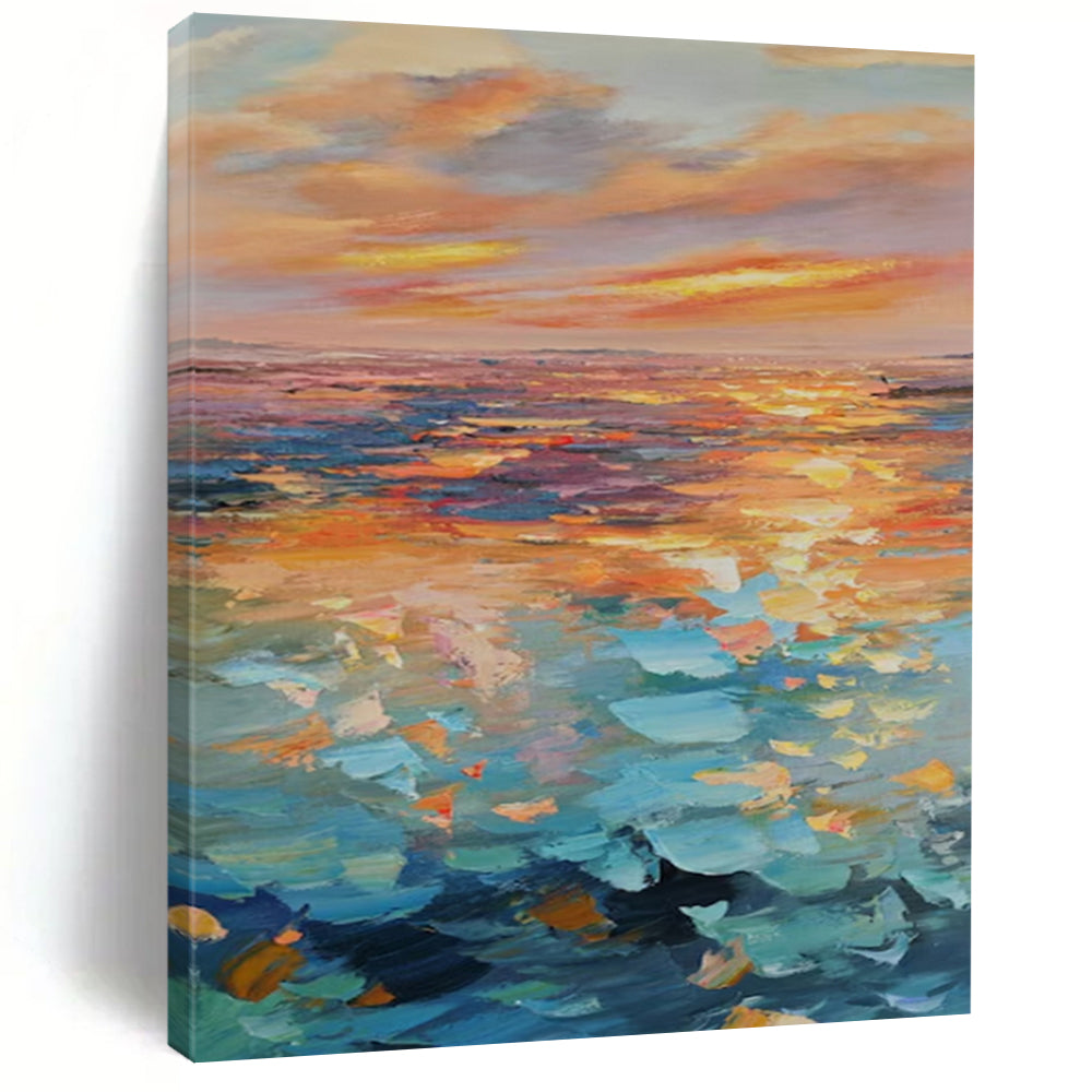 “Colorful Sea Sunset” - Orange, Pink & Blue Seaside Landscape Painting On Canvas CT2204