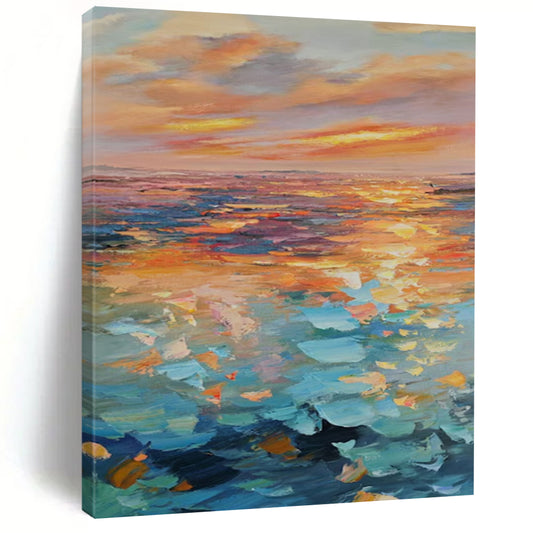 “Colorful Sea Sunset” - Orange, Pink & Blue Seaside Landscape Painting On Canvas CT2204