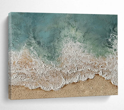 “Coastal Waves & Sands” - Turquoise, White & Beige Beach Scene Painting On Canvas DLZ252