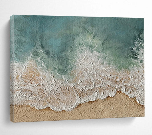 “Coastal Waves & Sands” - Turquoise, White & Beige Beach Scene Painting On Canvas DLZ252