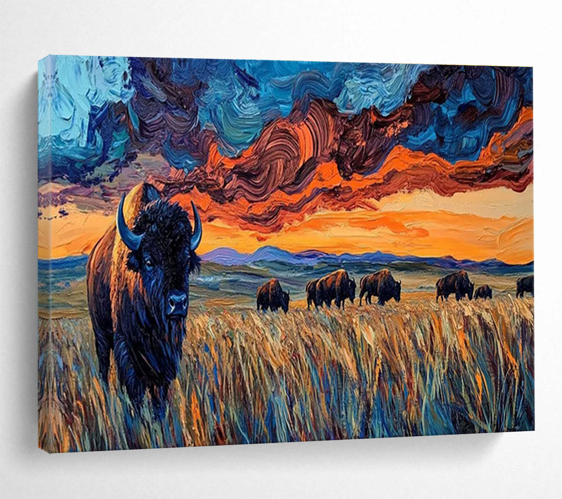 “Swirling Sky Bison Herd” - Dynamic Wildlife Painting On Canvas DKH806