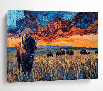 “Swirling Sky Bison Herd” - Dynamic Wildlife Painting On Canvas DKH806