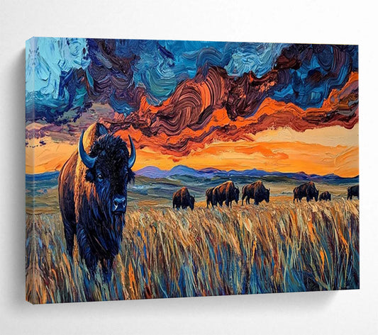 “Swirling Sky Bison Herd” - Dynamic Wildlife Painting On Canvas DKH806